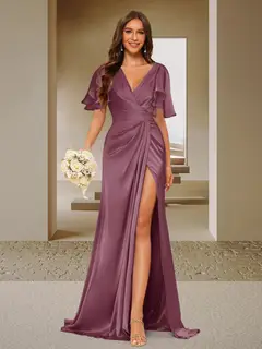 Trumpet/Mermaid V-Neck Short Sleeves Ruched Bridesmaid Dresses with Split Side & Ruffles — view 25