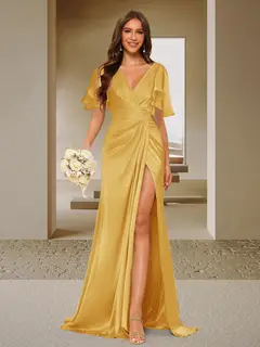 Trumpet/Mermaid V-Neck Short Sleeves Ruched Bridesmaid Dresses with Split Side & Ruffles — view 26