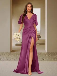 Trumpet/Mermaid V-Neck Short Sleeves Ruched Bridesmaid Dresses with Split Side & Ruffles — view 31