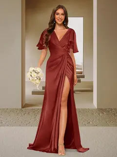 Trumpet/Mermaid V-Neck Short Sleeves Ruched Bridesmaid Dresses with Split Side & Ruffles — view 37