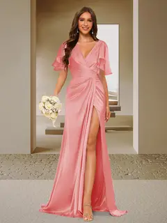 Trumpet/Mermaid V-Neck Short Sleeves Ruched Bridesmaid Dresses with Split Side & Ruffles — view 41