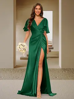 Trumpet/Mermaid V-Neck Short Sleeves Ruched Bridesmaid Dresses with Split Side & Ruffles — view 42