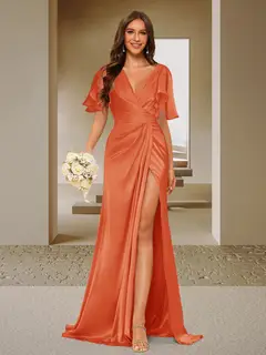 Trumpet/Mermaid V-Neck Short Sleeves Ruched Bridesmaid Dresses with Split Side & Ruffles — view 50
