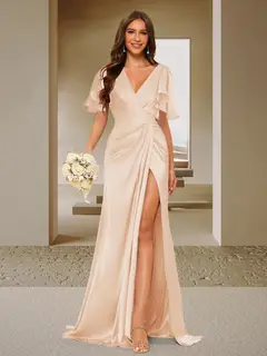 Trumpet/Mermaid V-Neck Short Sleeves Ruched Bridesmaid Dresses with Split Side & Ruffles — view 51