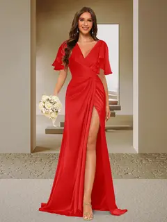 Trumpet/Mermaid V-Neck Short Sleeves Ruched Bridesmaid Dresses with Split Side & Ruffles — view 52