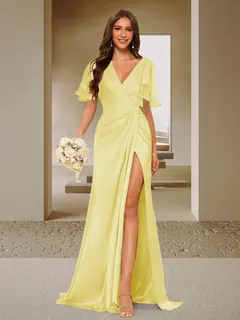 Trumpet/Mermaid V-Neck Short Sleeves Ruched Bridesmaid Dresses with Split Side & Ruffles — view 62