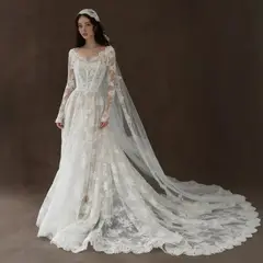 Whimsical Lace V-Neck Long Sleeve with Veil — SW276 Ivory wedding dress, full-length front view