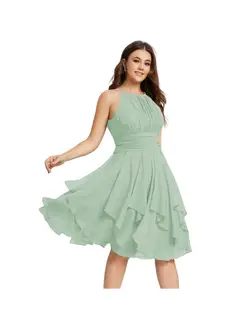 A-Line/Princess Halter Sleeveless Short/Mini Bridesmaid Dresses Chiffon Ruffle Pleated Pockets — view 5