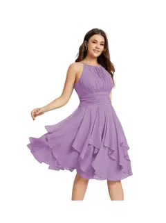 A-Line/Princess Halter Sleeveless Short/Mini Bridesmaid Dresses Chiffon Ruffle Pleated Pockets — view 27