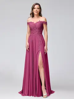 A-Line/Princess Off-the-Shoulder Sleeveless Long Bridesmaid Dresses with Side Slit & Appliqued — view 34