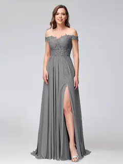 A-Line/Princess Off-the-Shoulder Sleeveless Long Bridesmaid Dresses with Side Slit & Appliqued — view 74