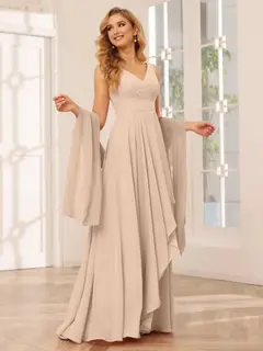 A-Line/Princess V-Neck Sleeveless Floor-Length Asymmetrical Bridesmaid Dresses with Ruffles — view 29