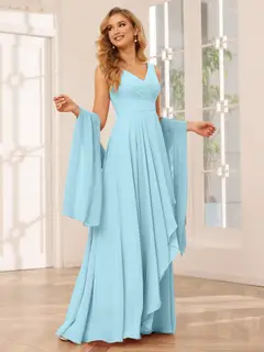 A-Line/Princess V-Neck Sleeveless Floor-Length Asymmetrical Bridesmaid Dresses with Ruffles — view 49