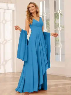 A-Line/Princess V-Neck Sleeveless Floor-Length Asymmetrical Bridesmaid Dresses with Ruffles — view 53