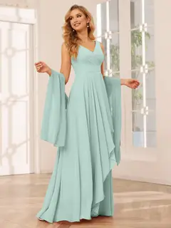 A-Line/Princess V-Neck Sleeveless Floor-Length Asymmetrical Bridesmaid Dresses with Ruffles — view 60