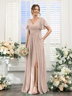 A-Line/Princess V-Neck Short Sleeves Chiffon Bridesmaid Dresses with Split Side & Pockets — view 29