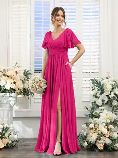 A-Line/Princess V-Neck Short Sleeves Chiffon Bridesmaid Dresses with Split Side & Pockets — view 35