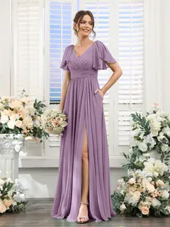 A-Line/Princess V-Neck Short Sleeves Chiffon Bridesmaid Dresses with Split Side & Pockets — view 41