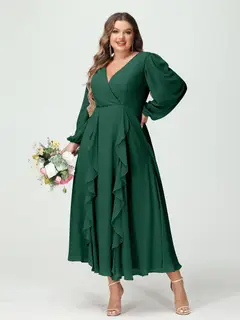 A-Line/Princess V-Neck Long Sleeves Chiffon Tea-Length Plus Size Bridesmaid Dresses with Pockets & Ruffles — view 12