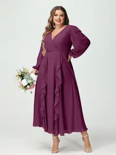 A-Line/Princess V-Neck Long Sleeves Chiffon Tea-Length Plus Size Bridesmaid Dresses with Pockets & Ruffles — view 45