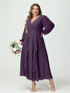A-Line/Princess V-Neck Long Sleeves Chiffon Tea-Length Plus Size Bridesmaid Dresses with Pockets & Ruffles — view 47