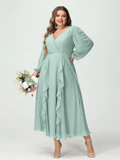 A-Line/Princess V-Neck Long Sleeves Chiffon Tea-Length Plus Size Bridesmaid Dresses with Pockets & Ruffles — view 61