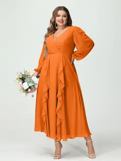 A-Line/Princess V-Neck Long Sleeves Chiffon Tea-Length Plus Size Bridesmaid Dresses with Pockets & Ruffles — view 73