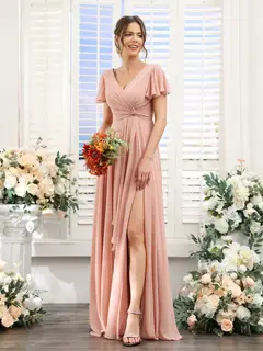 A-Line/Princess V-Neck Short Sleeves Floor-Length Bridesmaid Dresses with Split Side — LV99155765 — view 2