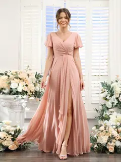 A-Line/Princess V-Neck Short Sleeves Floor-Length Bridesmaid Dresses with Split Side — LV99155765 — view 4