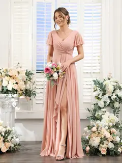 A-Line/Princess V-Neck Short Sleeves Floor-Length Bridesmaid Dresses with Split Side — LV99155765 — view 5