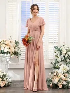 A-Line/Princess V-Neck Short Sleeves Floor-Length Bridesmaid Dresses with Split Side — LV99155765 — view 8