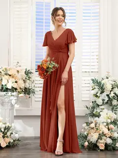 A-Line/Princess V-Neck Short Sleeves Floor-Length Bridesmaid Dresses with Split Side — LV99155765 — view 14