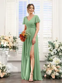 A-Line/Princess V-Neck Short Sleeves Floor-Length Bridesmaid Dresses with Split Side — LV99155765 — view 17