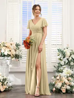 A-Line/Princess V-Neck Short Sleeves Floor-Length Bridesmaid Dresses with Split Side — LV99155765 — view 25
