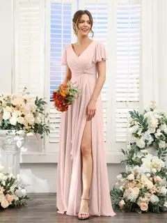 A-Line/Princess V-Neck Short Sleeves Floor-Length Bridesmaid Dresses with Split Side — LV99155765 — view 27