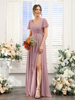 A-Line/Princess V-Neck Short Sleeves Floor-Length Bridesmaid Dresses with Split Side — LV99155765 — view 32