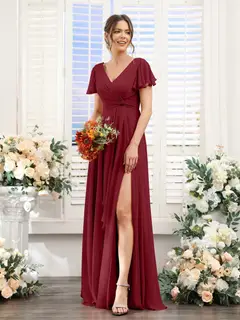 A-Line/Princess V-Neck Short Sleeves Floor-Length Bridesmaid Dresses with Split Side — LV99155765 — view 38