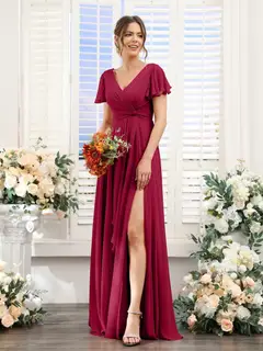 A-Line/Princess V-Neck Short Sleeves Floor-Length Bridesmaid Dresses with Split Side — LV99155765 — view 39