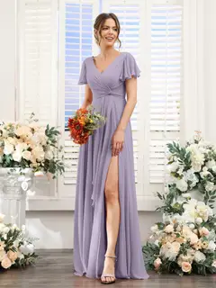 A-Line/Princess V-Neck Short Sleeves Floor-Length Bridesmaid Dresses with Split Side — LV99155765 — view 40
