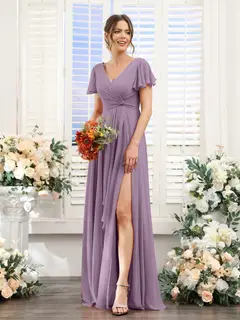 A-Line/Princess V-Neck Short Sleeves Floor-Length Bridesmaid Dresses with Split Side — LV99155765 — view 41