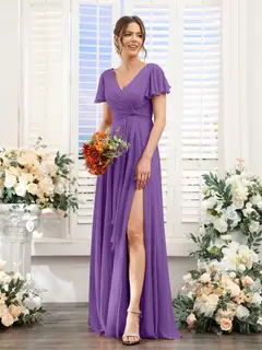 A-Line/Princess V-Neck Short Sleeves Floor-Length Bridesmaid Dresses with Split Side — LV99155765 — view 43
