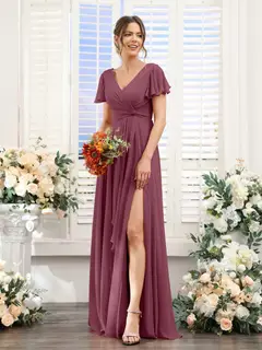 A-Line/Princess V-Neck Short Sleeves Floor-Length Bridesmaid Dresses with Split Side — LV99155765 — view 44