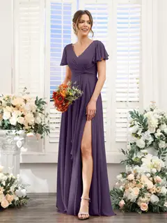 A-Line/Princess V-Neck Short Sleeves Floor-Length Bridesmaid Dresses with Split Side — LV99155765 — view 46