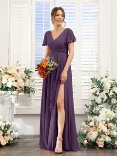 A-Line/Princess V-Neck Short Sleeves Floor-Length Bridesmaid Dresses with Split Side — LV99155765 — view 47