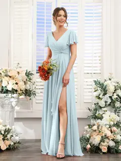 A-Line/Princess V-Neck Short Sleeves Floor-Length Bridesmaid Dresses with Split Side — LV99155765 — view 48