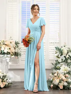 A-Line/Princess V-Neck Short Sleeves Floor-Length Bridesmaid Dresses with Split Side — LV99155765 — view 50