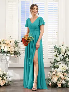 A-Line/Princess V-Neck Short Sleeves Floor-Length Bridesmaid Dresses with Split Side — LV99155765 — view 53