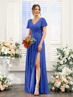 A-Line/Princess V-Neck Short Sleeves Floor-Length Bridesmaid Dresses with Split Side — LV99155765 — view 55