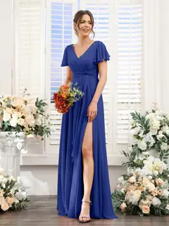 A-Line/Princess V-Neck Short Sleeves Floor-Length Bridesmaid Dresses with Split Side — LV99155765 — view 57