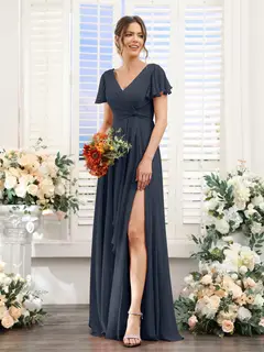 A-Line/Princess V-Neck Short Sleeves Floor-Length Bridesmaid Dresses with Split Side — LV99155765 — view 60